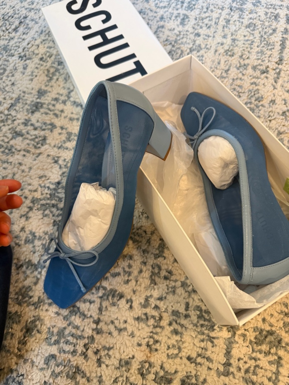 SCHUTZ Dusty Blue Mesh and Leather Low Block Heel Pumps with Bow